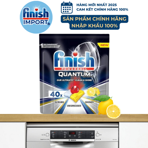 Túi 40 viên Finish Quantum Ultimate hương chanh 2020, siêu cao cấp, 16 tính năng/viên, dành cho máy rửa chén 12-15 bộ